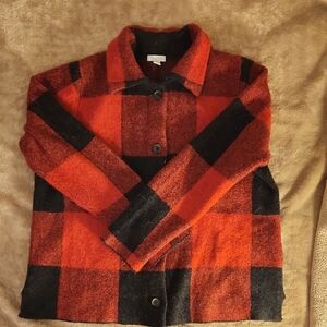 J. Jill Red and Black Knit Buffalo Plaid  Barn Jacket Sz M